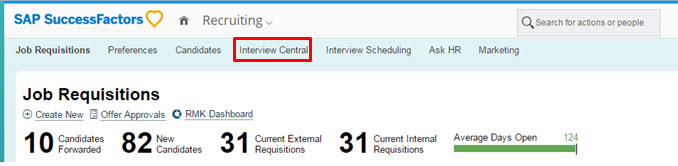 Interview Central in SuccessFactors Dashboard Screenshots