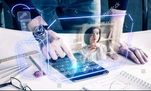 stock-photo-man-with-pad-leaning-on-desk-at-workplace-and-communicating-with-young-woman-via-abstract-692017228